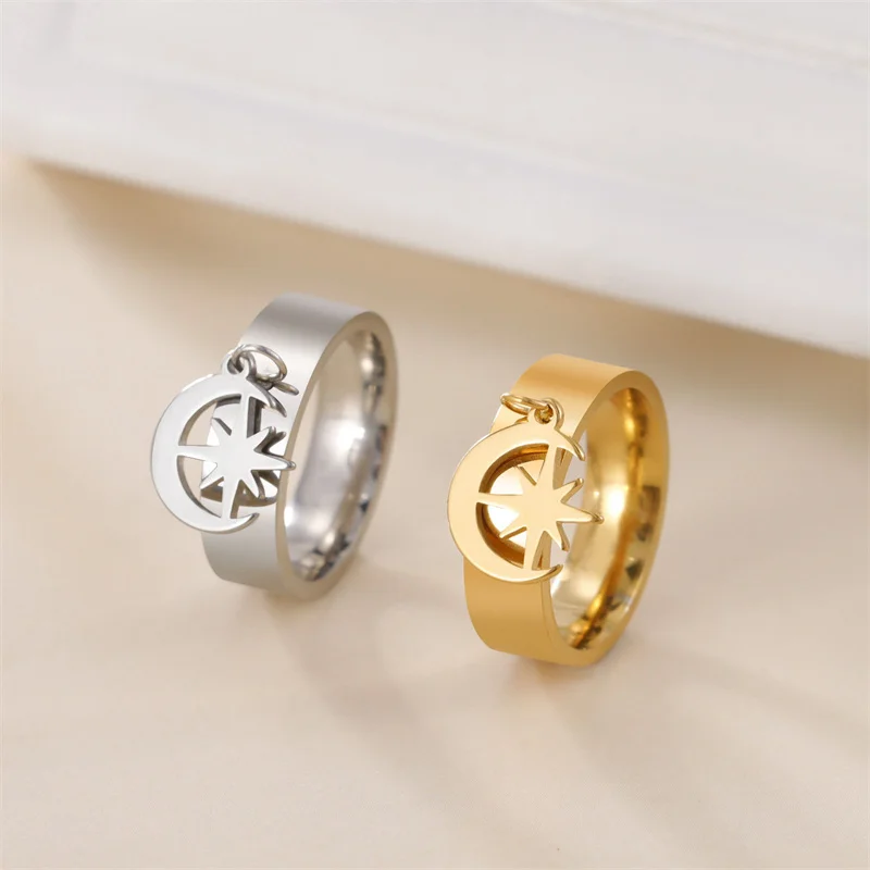Edelstahl Mond Stern Ringe für Frauen Mädchen Punk Blume Anhänger frauen Ring Paar Schmuck 2023 Trend Hochzeit Party Geschenke – Detail 7