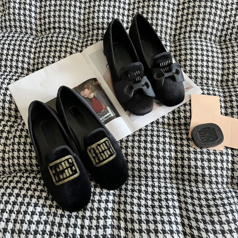 

2023 New Velvet Bow Flat Bottom Lazy Shoes One Step Single Shoes