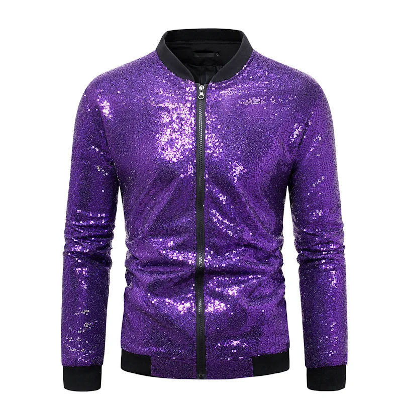 Mens Disco Sequin Bomber Jacket Hip Hop Fashion Sparkly Varsity Jacket Coat Party Stage Dance Prom Shiny Outwear Baseball Coat