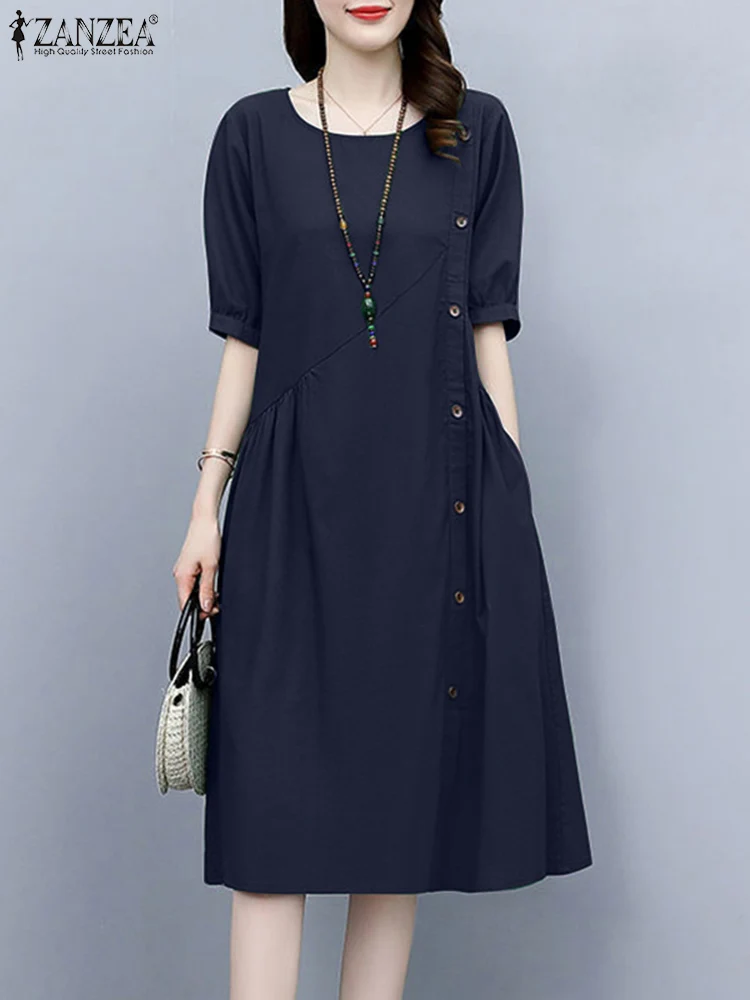 

Платье ZANZEA женское однотонное с коротким рукавом, винтажный элегантный офисный сарафан с круглым вырезом, стильное ТРАПЕЦИЕВИДНОЕ, на лето