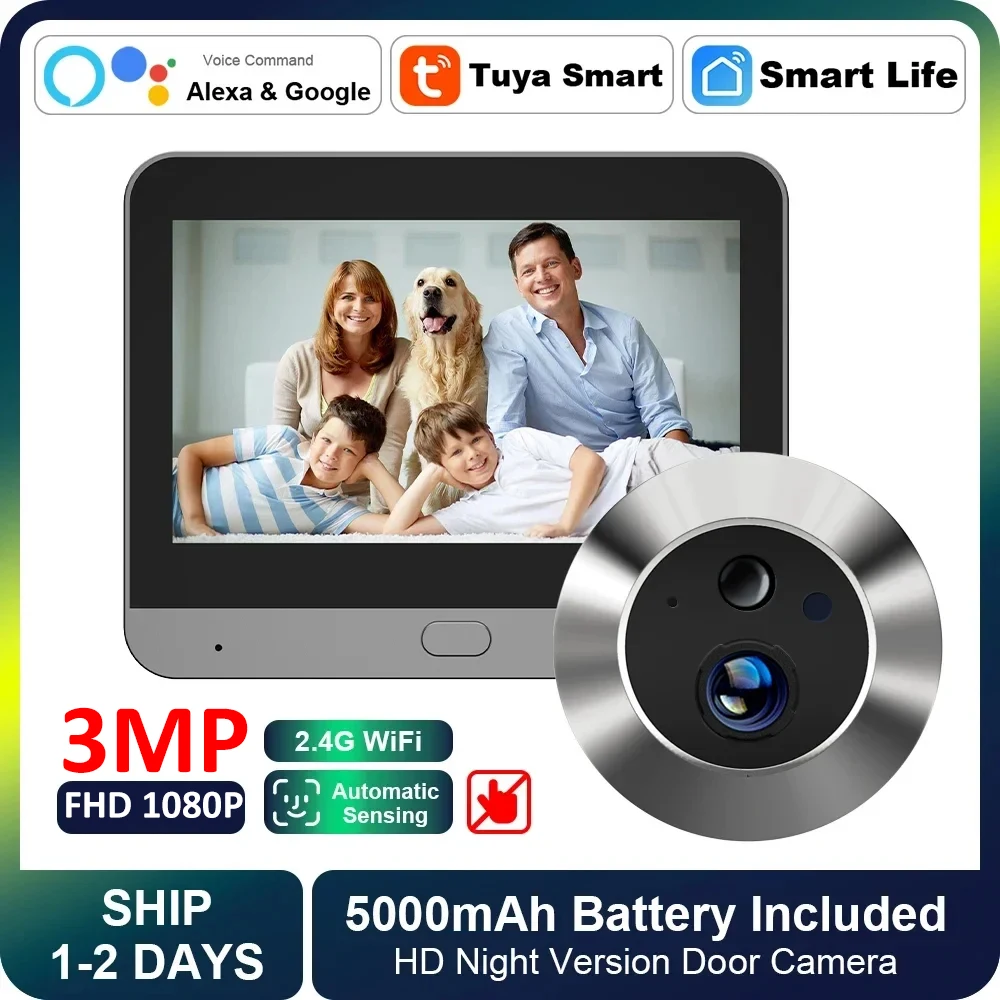 3MP Smart 5000mAh Battery Tuya Video Doorbell Camera Wireless 2.4Ghz WIFI Digital Magic Eye Door Viewer 4.3Inch LCD Monitor