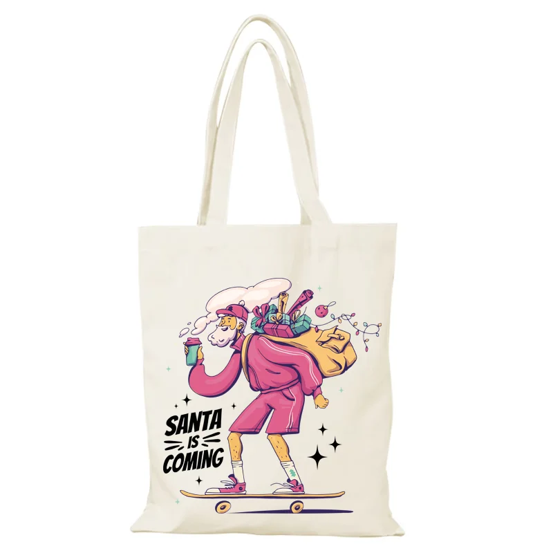 Cartoon Geschenktüte Neujahrsgeschenk Frohe Weihnachten Mann Einkaufstasche Frau Handtaschen Damen Handtasche Stofftaschen Eco Shopper Canvas Lady – Detail 10