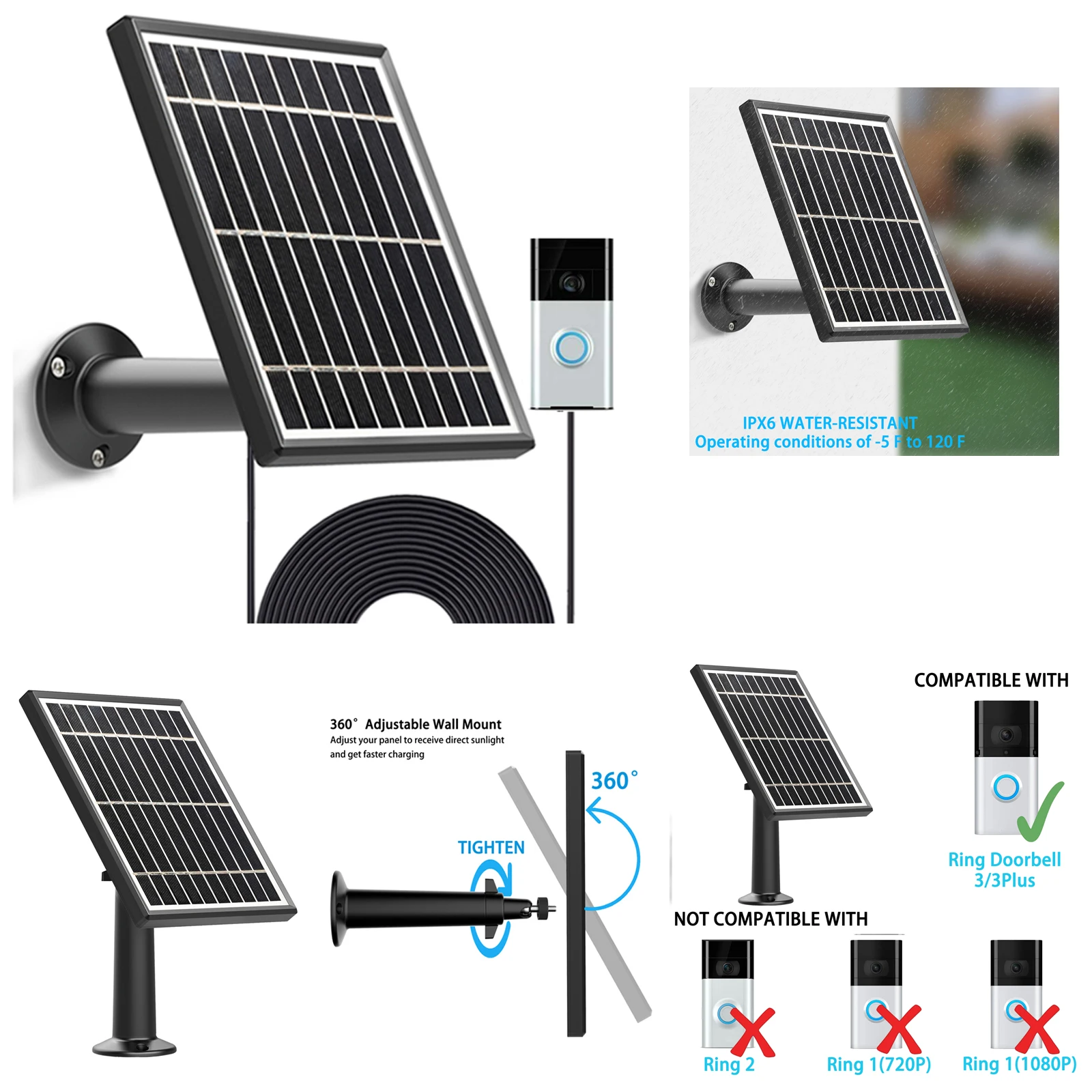 Solar Panel for Ring Video Doorbell 3/3 Plus,3.5W Output (No Include