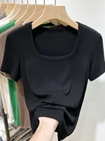 2024 New Sle Women's Slim Fit ort Sve T-irt Square Collar Tead Design Faionable Spring Summer Top Casual Wear - Image 4