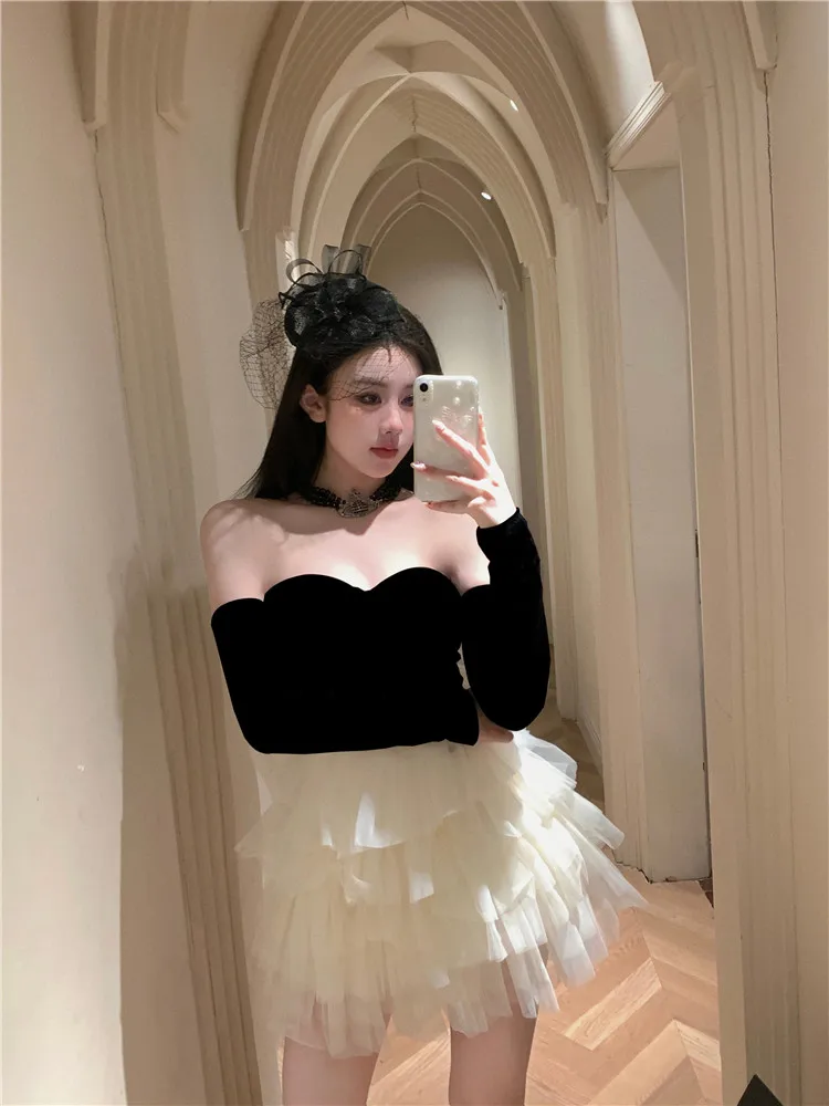 Vestidos mini sin tirantes para mujer, novedad de 2025, para fiesta de noche, graduación, con retazos de encaje, moda Y2K, Vestidos para mujer