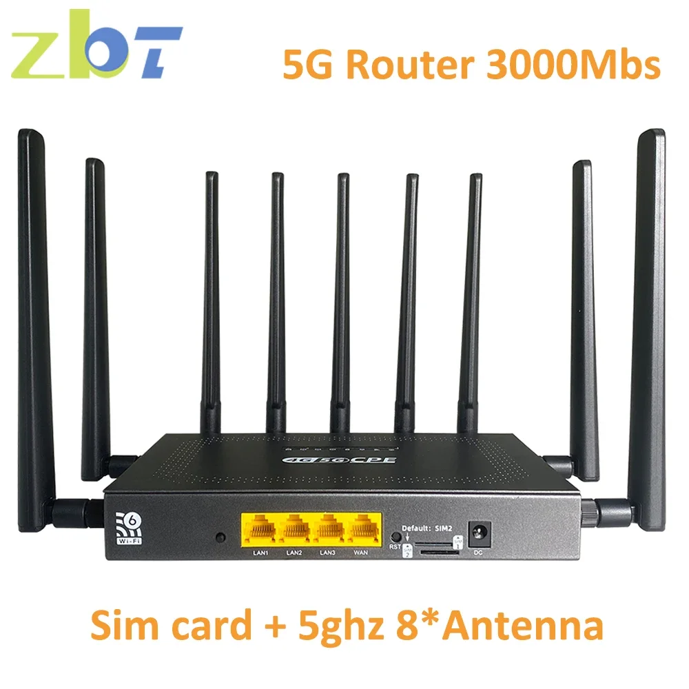 

ZBT 5G Router WiFi6 3000Mbps Wifi Sim Card Gigabit LAN 1000Mbs 2.4GHz 5Ghz Dual Band 8 Antenna 5G NSA+SA 4×4 MIMO Home Office