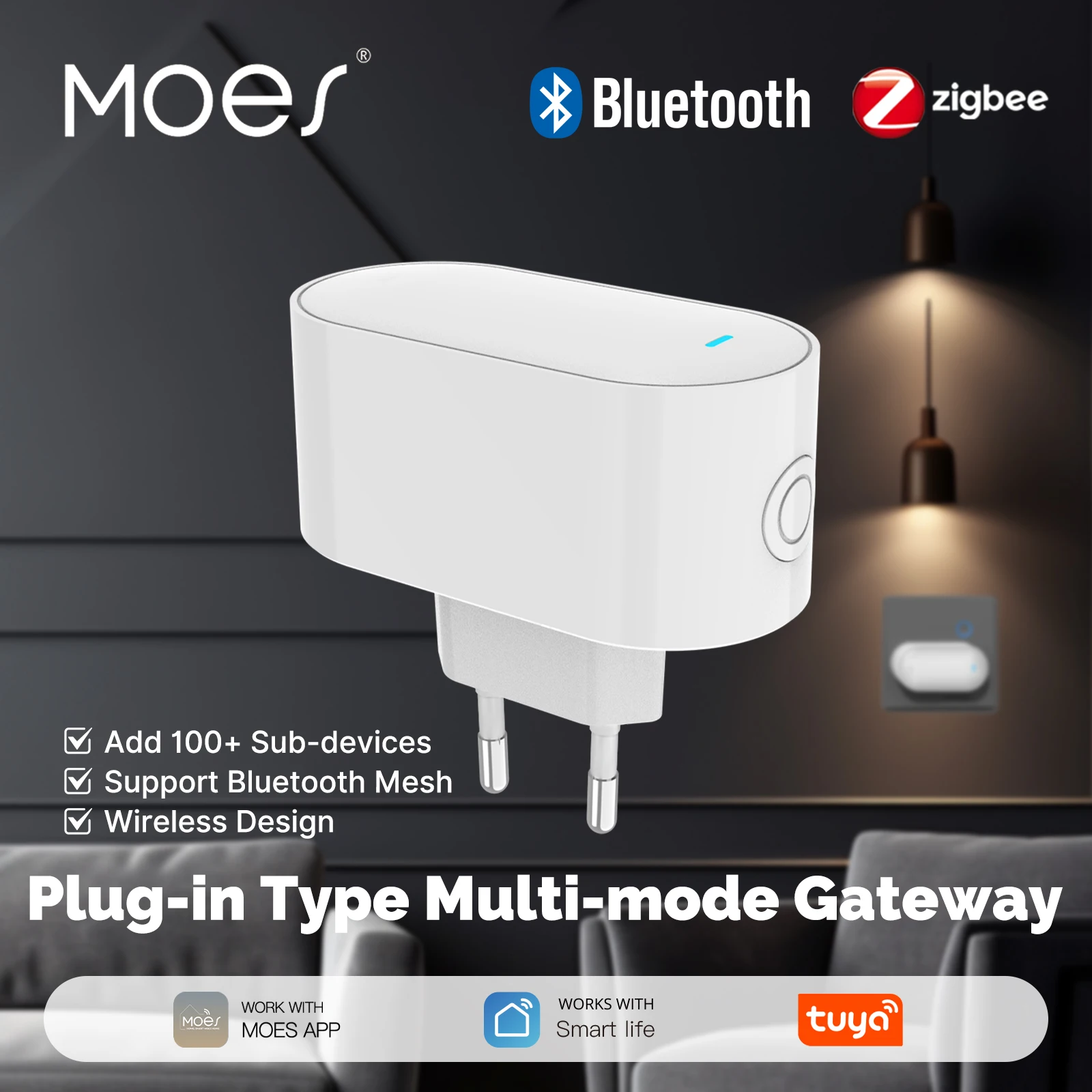 Smart Gateway MOES Tuya Multi-mode ZigBee Bluetooth BLE Mesh Gateway EU Socket Smart Hub Allow 100+ Sub-devices Smart Life App Remote Control