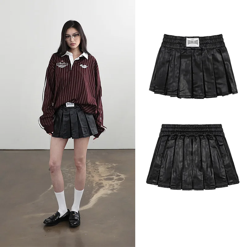 Badblood leather pleated mini skirt, American retro casual