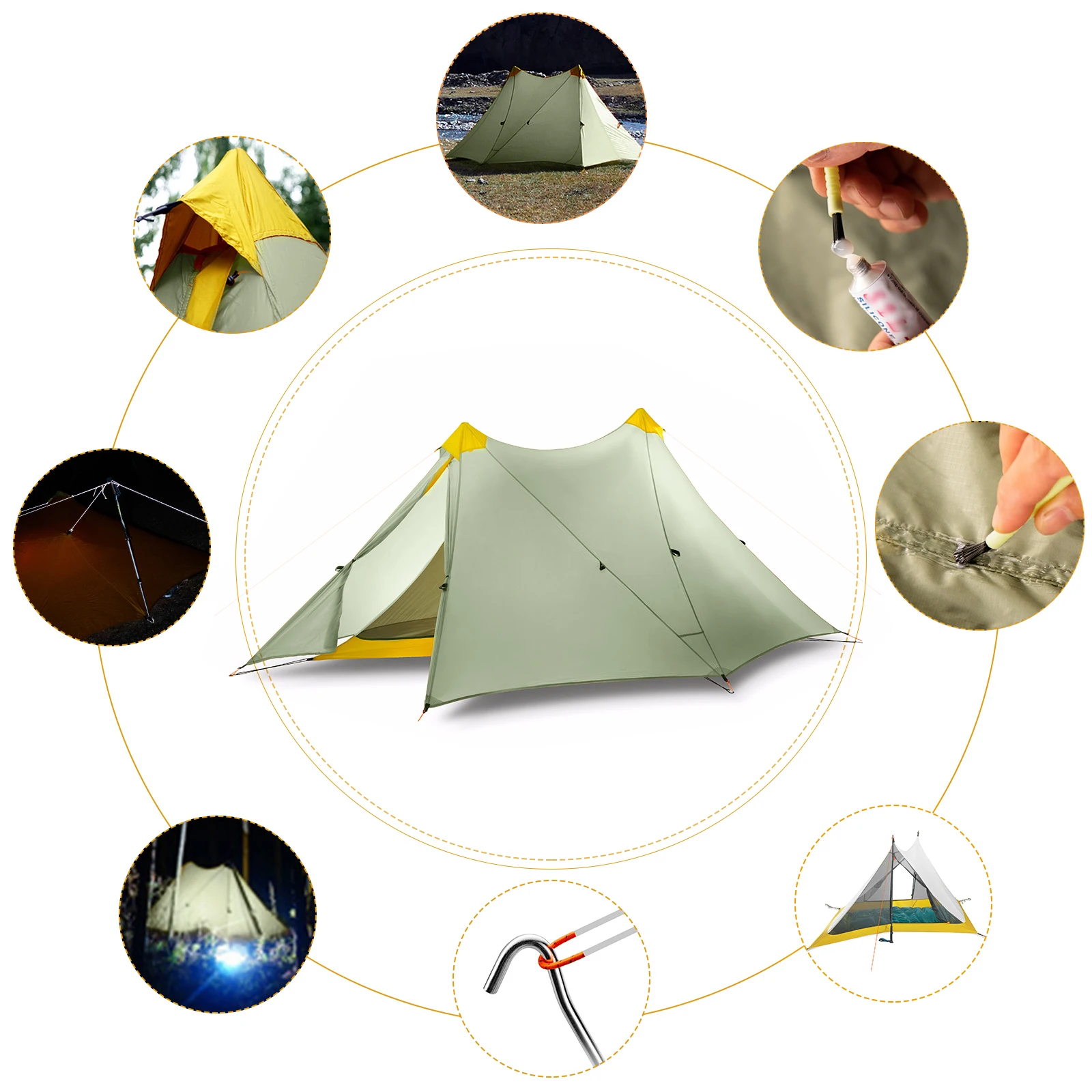 Ultralight 410g Outdoor Camping Tent 20D Nylon Two-side Silicone Coated Rodless Pyramid Flysheet 4-Season 2 Window Tent 1 Person
