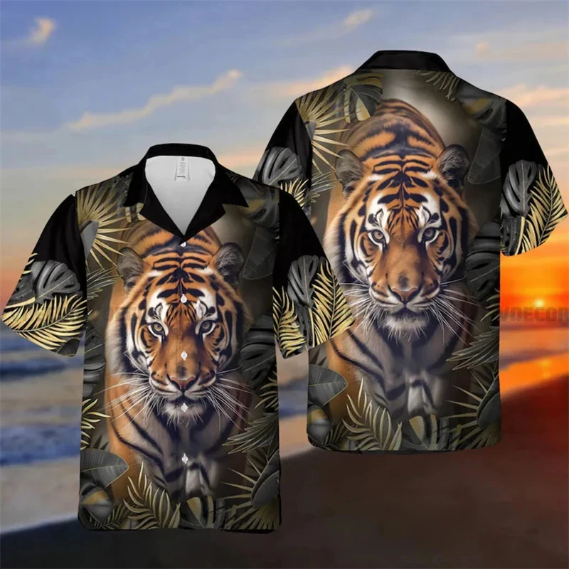 thumbnail image 1 of Camisas con estampado de tigre de Forest Terror para hombres, ropa con estampado 3D de animales, blusas hawaianas con solapa para fiestas, camisas con botones para hombre, 1 of 5