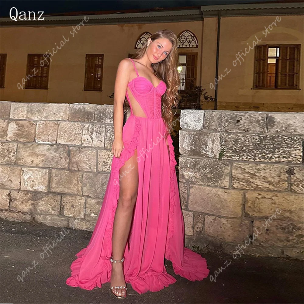 

Qanz Sexy Chiffon Evening Dress Spaghetti Straps High Side Slit Ruched Party Gown Long A Line See Through Prom Dresses Women