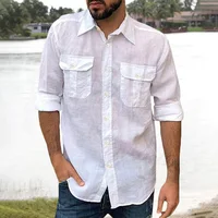 Chemise en coton et lin pour hommes, manches longues, couleur unie, hauts décontractés, revers, Double poche, chemise classique, vêtements tendance pour hommes 3