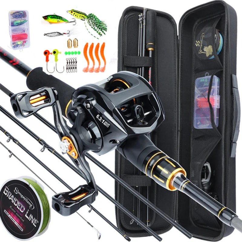 Fishing Pole Set Fishing Rod Sougayilang 1.8m 2.1m Baitcsting Rod 4 Section M Power Carbon 100M Fishing Line Lures Hooks Jig Head Pesca