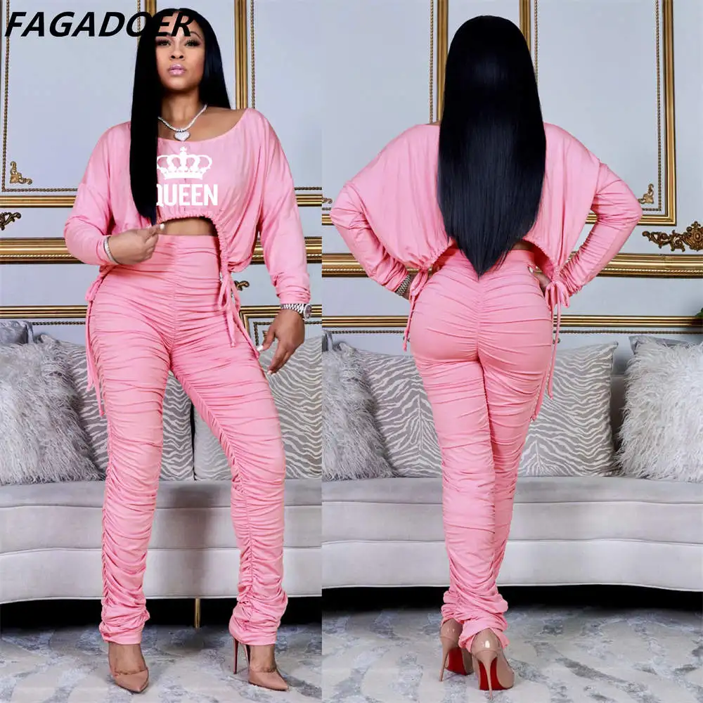 FAGADOER Casual Queen Letter Print Tracksuits Women Women Long Sleeve Drawstring Crop Top And Stacked Pants Two Piece Sets Fall