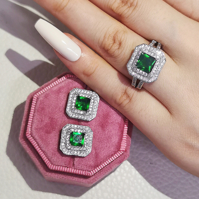 New Arrivals Luxury 2pcs Silver Color Cz Dubai Jewelry Set Ring and Earring for Women Wedding Party Lady Gift Jewelry J5968