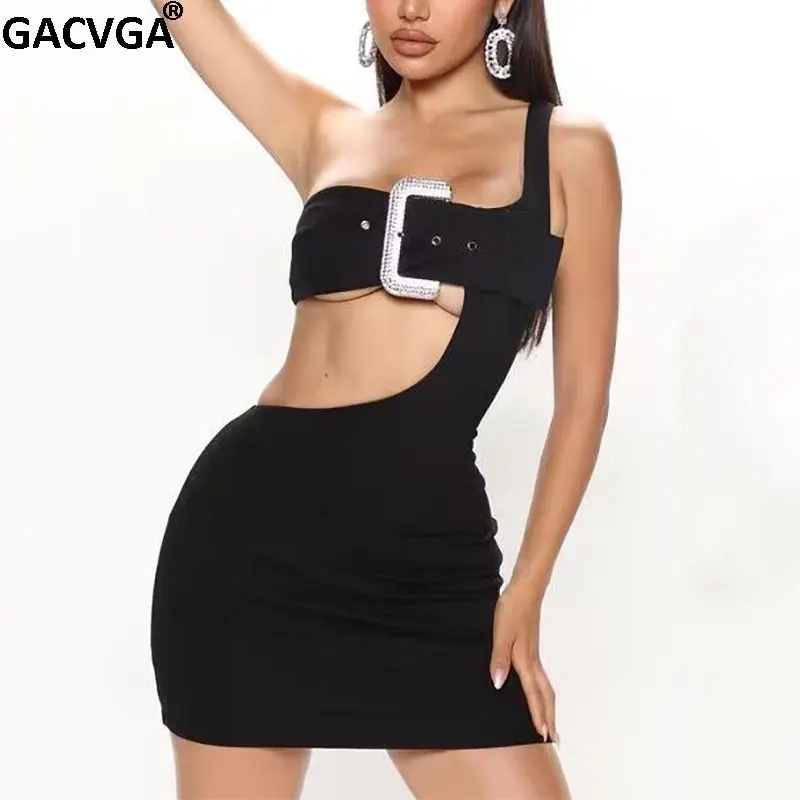 

GACVGA Diamond Buckle One Shoulder Sexy Cut Out Mini Dress For Women 2023 Summer Black Backless Club Party Bodycon Dresses