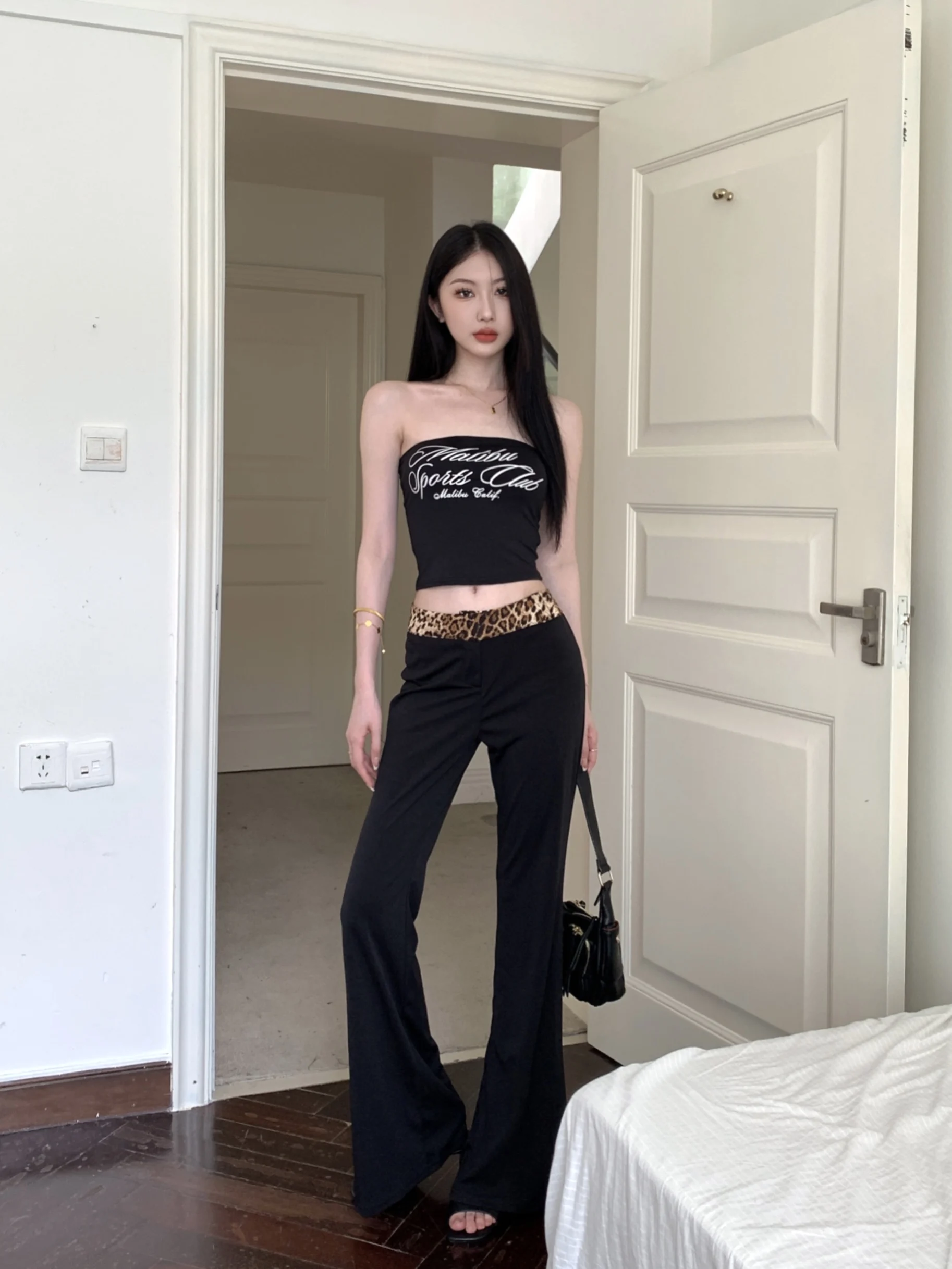 Alphabet Printed Sleeveless Strapless Vest For Women 2024 Summer Sexy Slim Fitting Leopard Print Black High Waist Wide Leg Pants