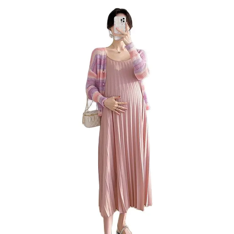 Spring Summer Maternity Dress Suits Block Color Knitted Striped Shirts + Strap Dress Twinset Long Loose Pregnant Woman Clothes Set