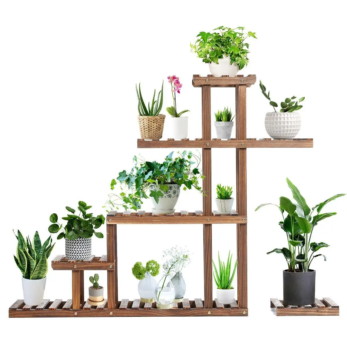 Multi-layer Indoor Outdoor Wood Plant Stand Plant Flower Pot Display Rack Holder Carbonized Shelf for Patio Livingroom Balcony 6tier metal plant stand potted flower rack display shelf holder shelves indoor outdoor for living room patio garden