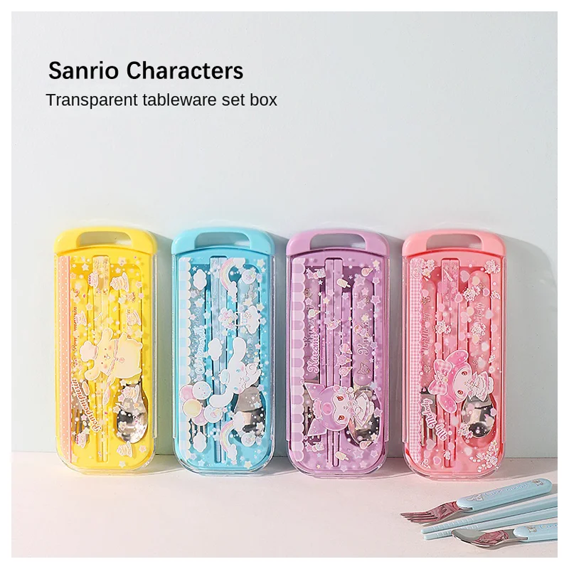 

Cute Cartoon Sanrios Stainless Steel Tableware Set Anime My Melody Cinnamoroll Kuromi Spoon Fork Chopsticks Portable Tableware