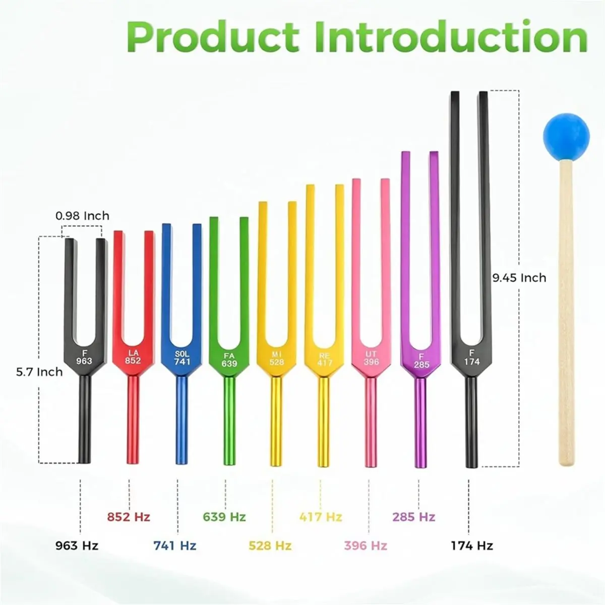 A50U 9개의 튜닝 포크 세트 174-963HZ (힐링, 명상, 치료용) 실버