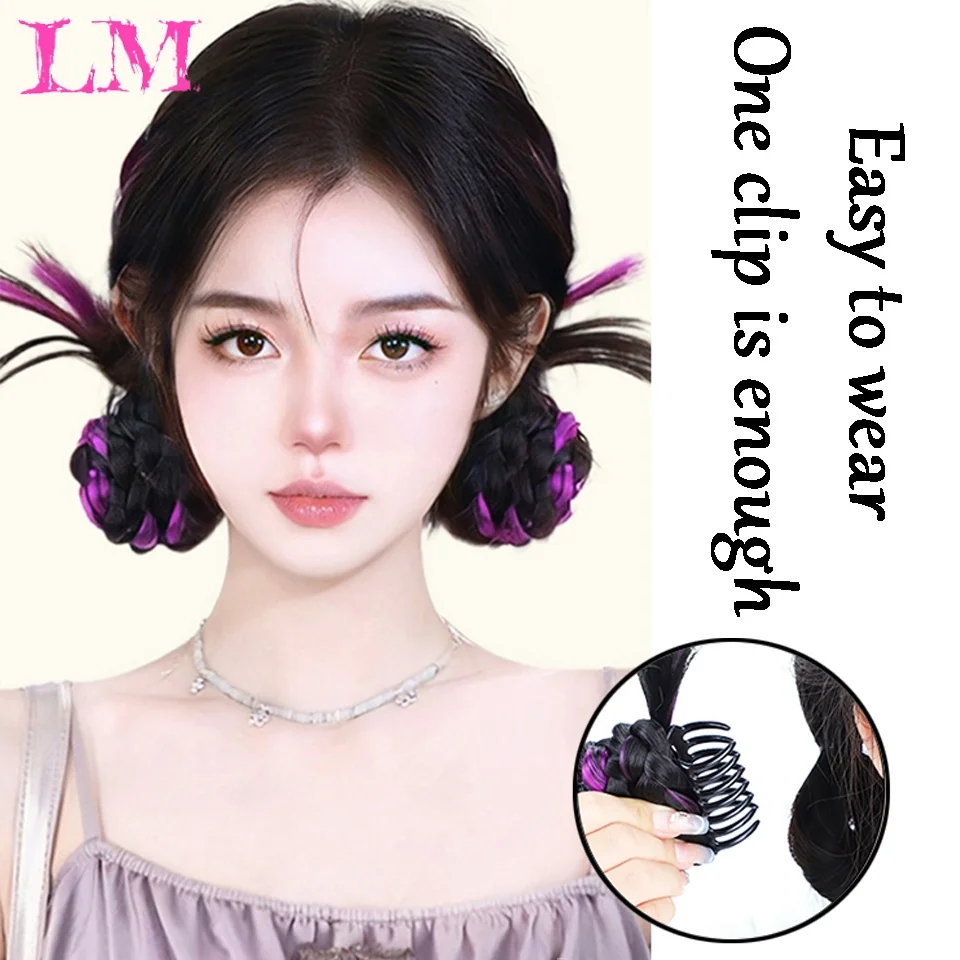 LM 블랙 퍼플 하이라이트 깃털 브레이드 번 클로 클립 합성 가짜 헤어 시뇽 헤어피스 Y2K 소녀들을 위한 데일리 스타일링