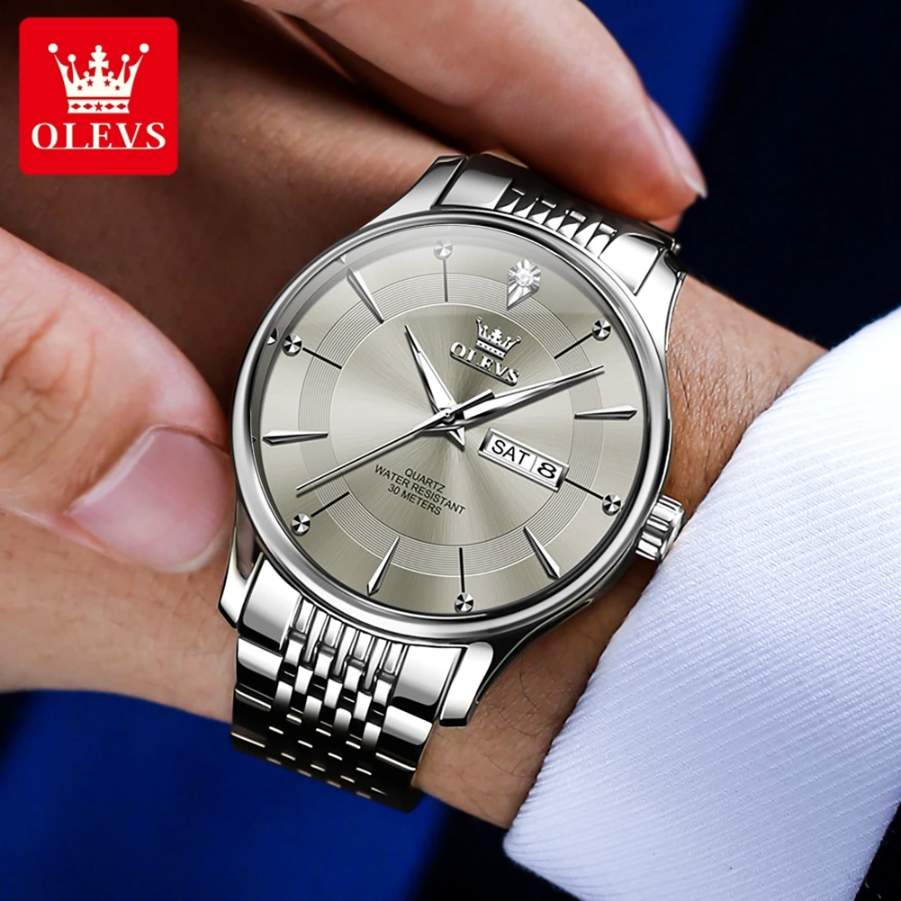 OLEVS Quartz Watch for Men Classics Original Waterproof Luminous Dual Calendar Display Business Dress Men's Wristwatches 9908