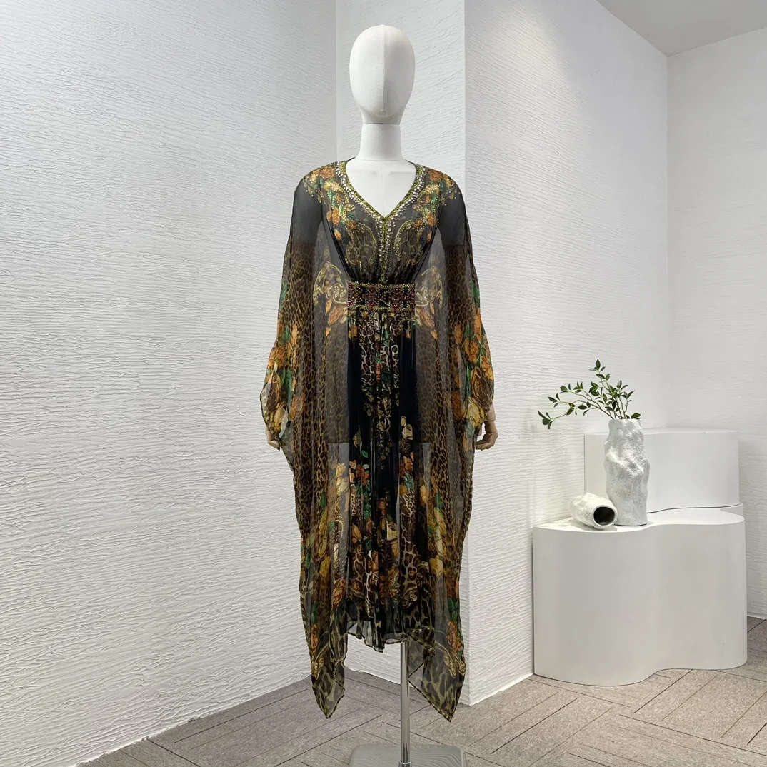 

Elegant New High Quality Black Floral Print Leopard Long Sleeve Diamonds Pressed V Neck See Through Oversize Midi Dress