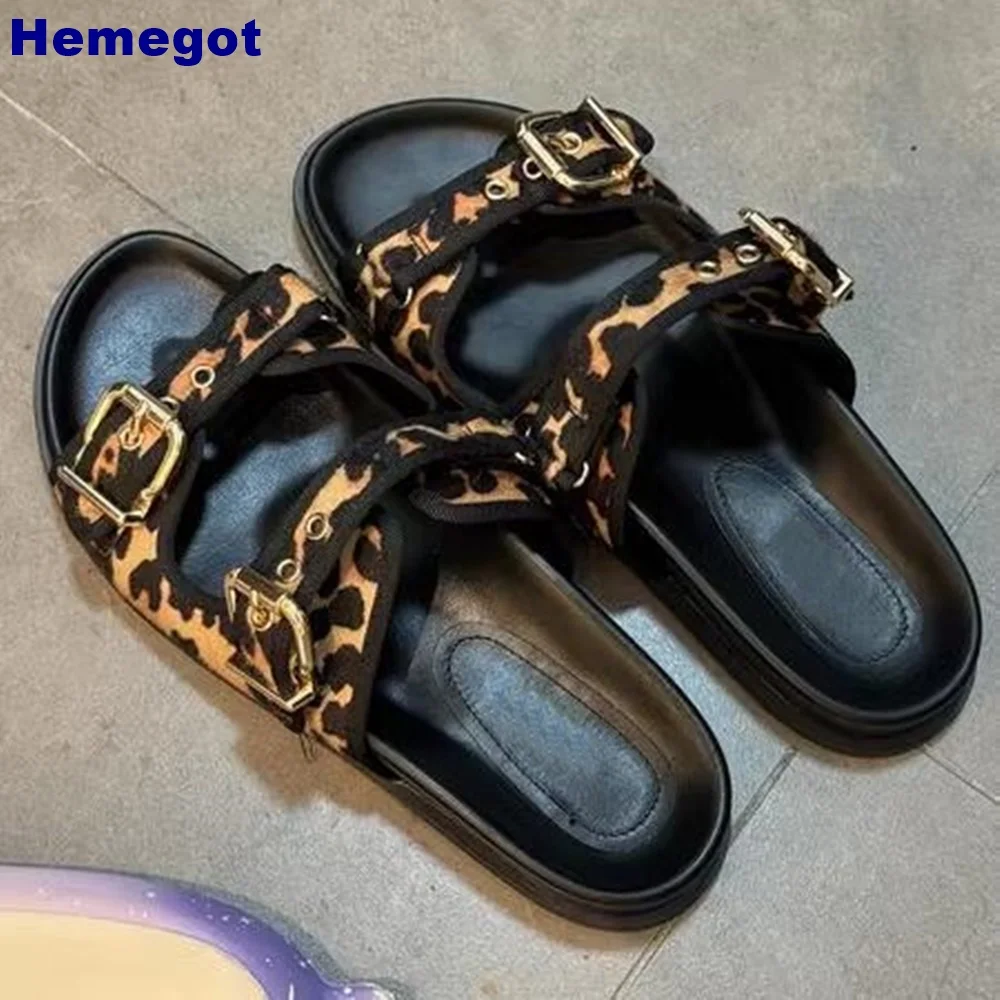 Black Leopard Print Casual Slippers Summer Fashion Thick-Soled Sandals Metal Belt Buckle Versatile Ladies Outside Beach Slides