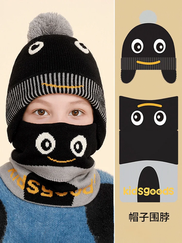 Boys' warm hat and scarf two-piece set outdoor children's cartoon plus velvet knitted hat and scarf set available for
