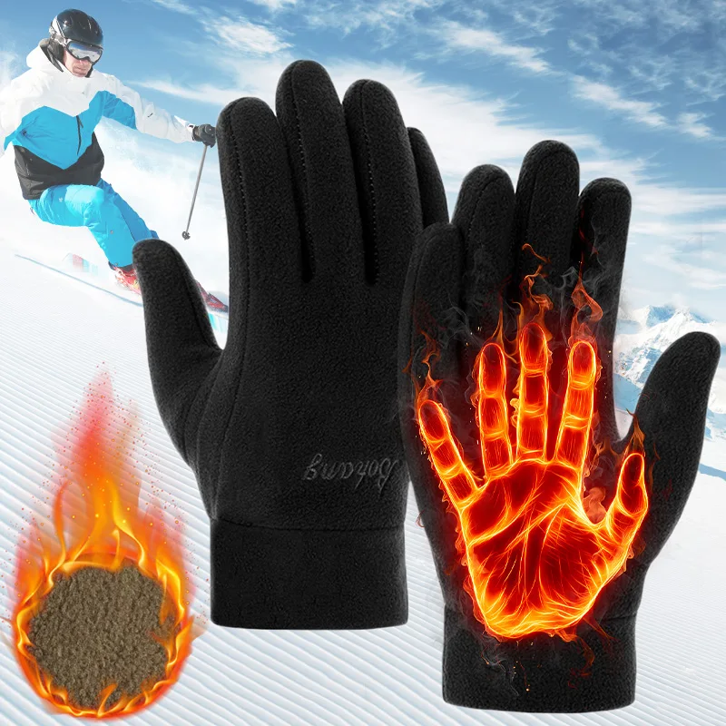 2025 Men's Winter Gloves Solid Women Outdoor Polar Fleece Thicken Warm Cold Gloves Motorcycle Cycling Wrist Glove black Mittens