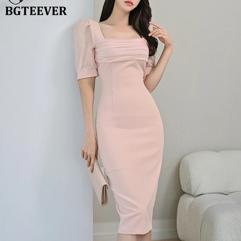 

BGTEEVER Summer Stylish Puff Sleeve Women Package Hip Bodycon Dress Elegant Square Collar Slim Female Split Package Hip Dress