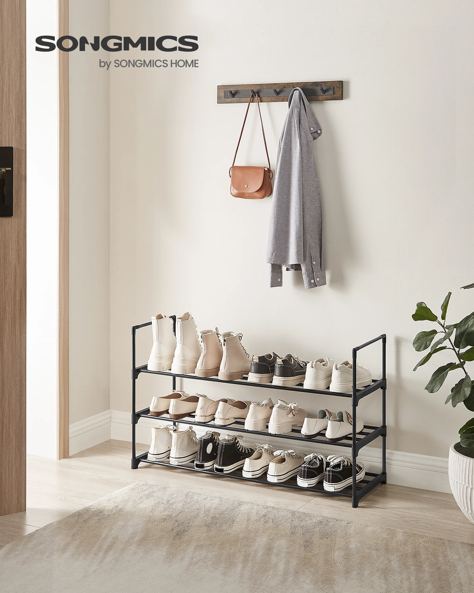 SONGMICS Shoe Rack, 3 Tier Shoe Organizer, Metal Shoe Storage Shelf for 15 Pairs of Shoes, Easy to Assemble, Entryway 2
