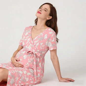 Floral Wrap V Neck Maternity Nursing Maxi Dress Short Sleeve Waist Tie Asymmetrical Hem Breastfeeding Pregnancy Long Gown
