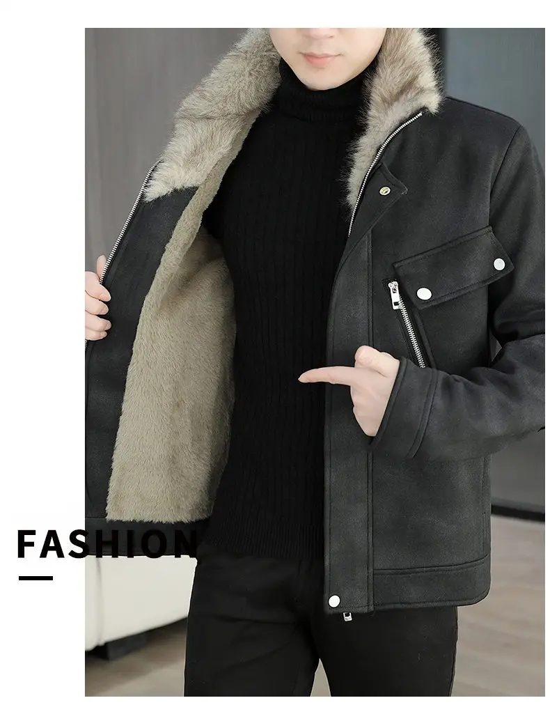 Mode männer Warme Pelz Kragen Plüsch Liner Jacken Winter Hohe Streetwear Verdicken Fleece Mäntel Outdoor Winddicht Top Wildleder Parkas – Detail 13