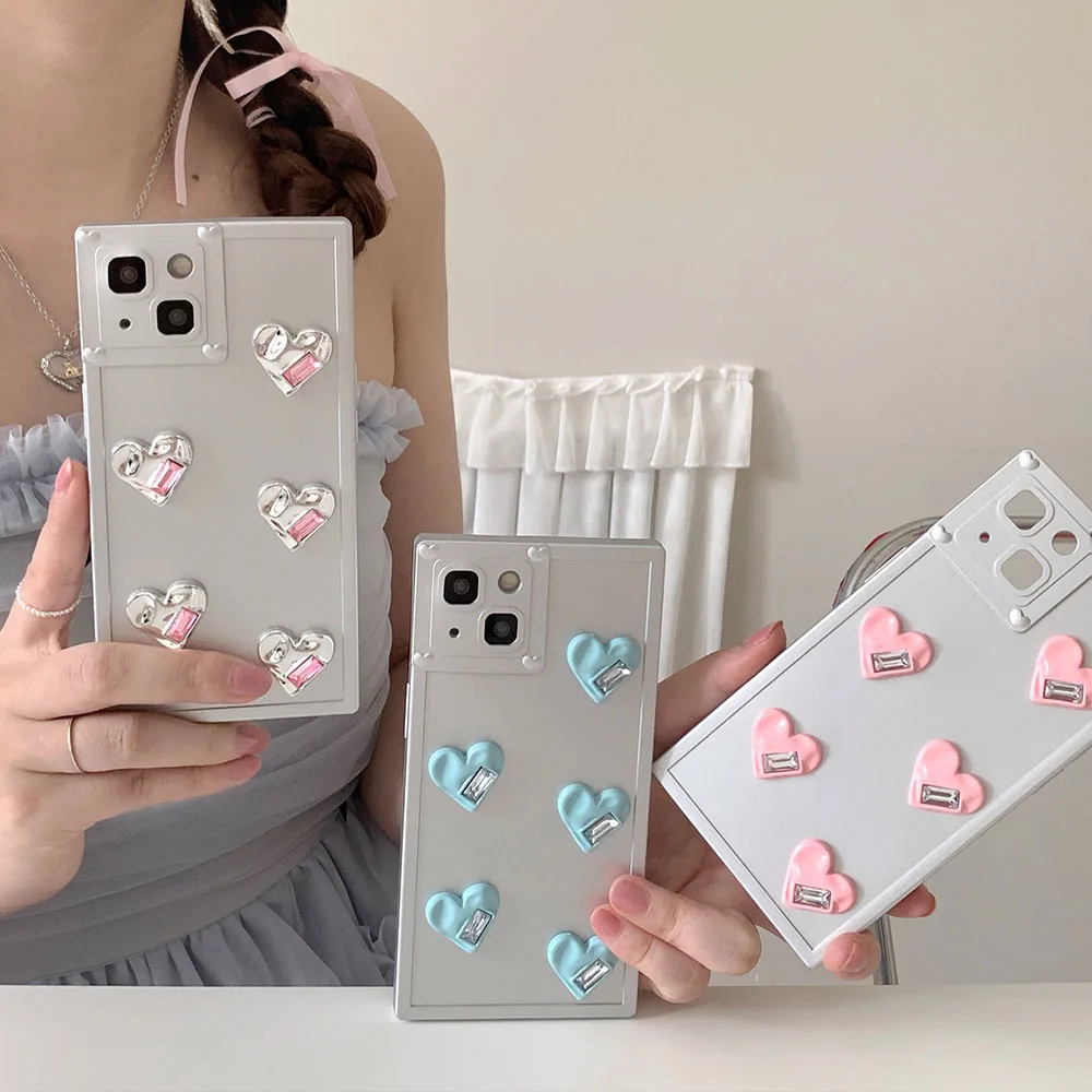 Corea Cute 3D Square Silver Love Heart Custodia Per Telefono Per Iphone 11 11Pro Max 14 13 12 Pro Max Cover Antiurto In Silicone Morbido Funda