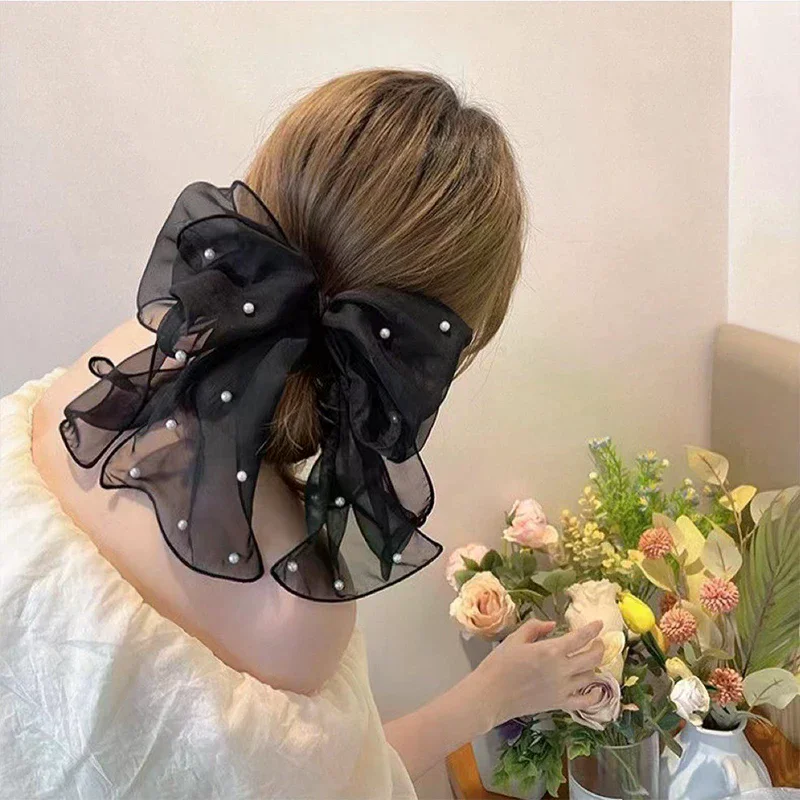 Fermagli per capelli con fiocco in chiffon con graziosi nastro e perle per donne alla moda - Elegante fermaglio per coda di cavallo e accessorio per molletta - immagine 3