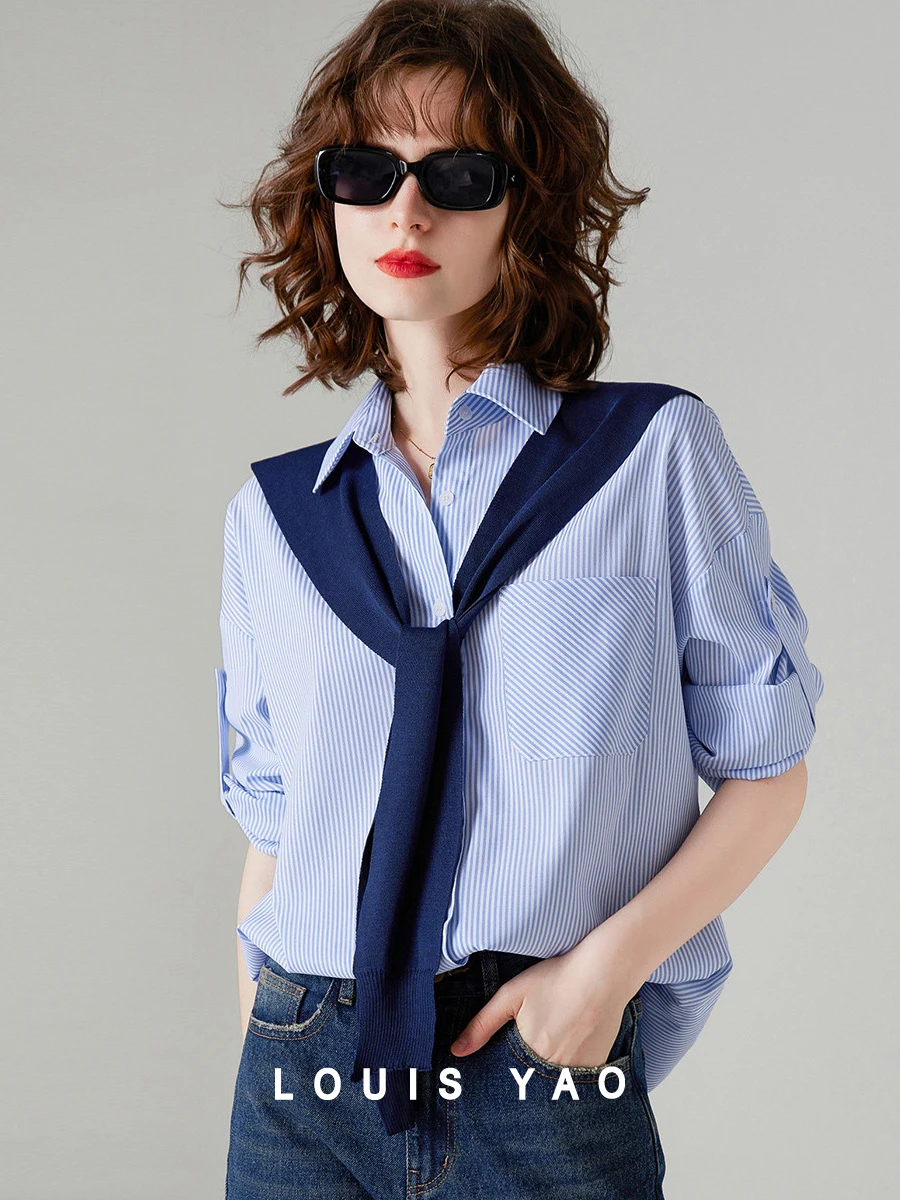 LOUIS YAO Women Striped Shirt Two Piece Shirt 2023 Autumn Long Sleeves Lapel Collar Blue/Pink and White Stripes Casual Tops блокнот а5 blue stripes