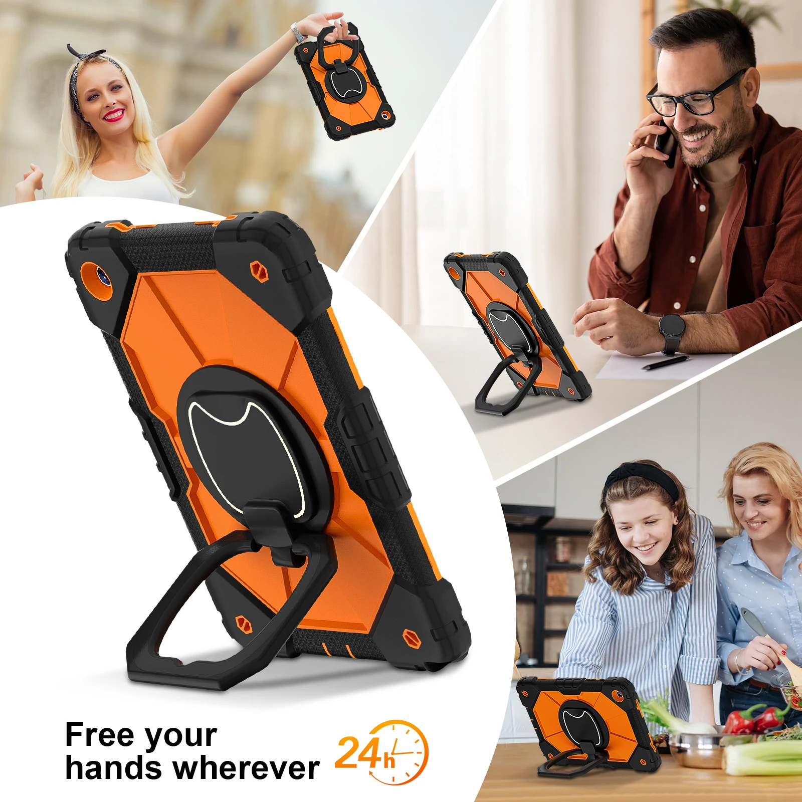 Heavy Duty Rotating Case with Stand, Handle Grip, and Neck Strap