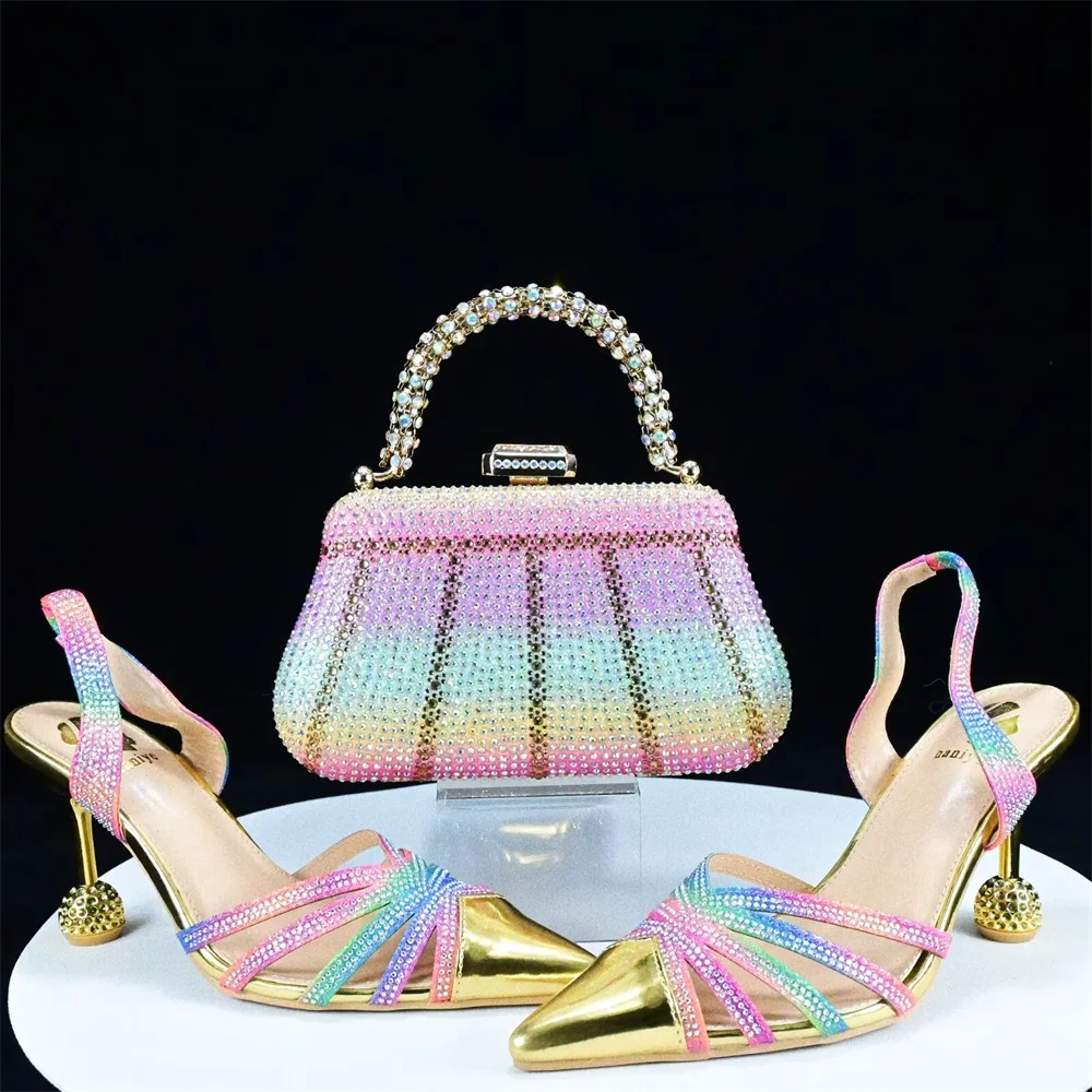 

Милые модные шлепанцы с кристаллами в итальянском стиле, Нигерия, Африка, популярная обувь, комплект с сумкой, повседневные универсальные туфли-лодочки с круглым каблуком