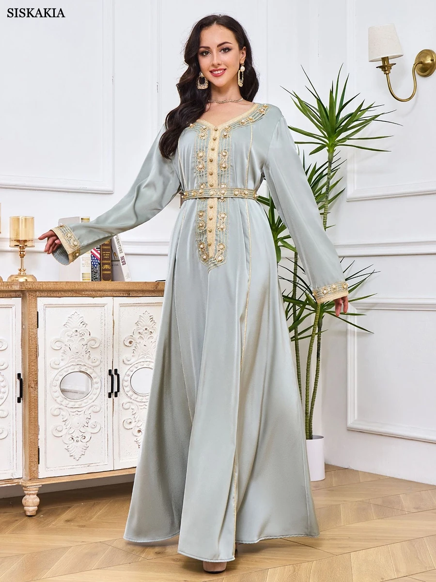 

Siskakia Fashion Turkish Abaya Woman Dubai Solid Diamonds Full Sleeve V-Neck Belted Clothing Elegant Muslim Female Long Dresses
