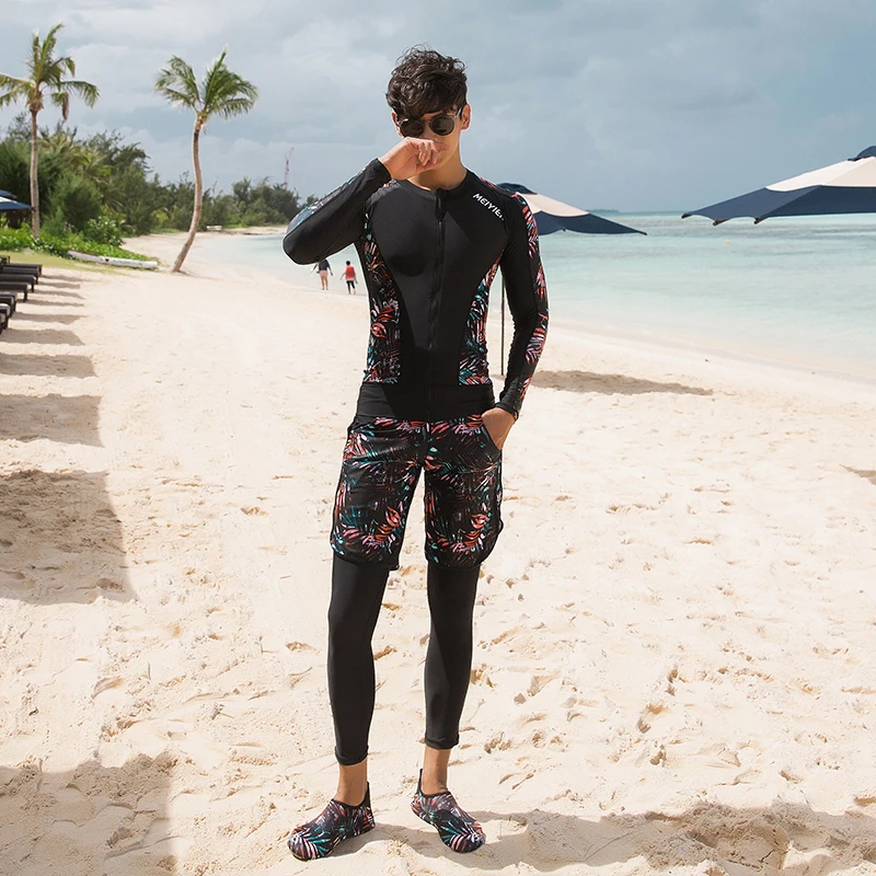 New Korean Style Men&lsquo;s Rush Guard Long Sleeve Swimsuit UPF 50+ Surfing Shirt+Shorts+Leggings Rashguard Set For Male Plus L-3XL