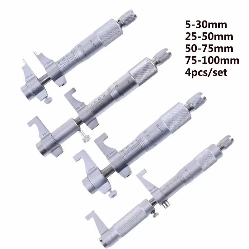 4Pcs Inside Micrometer Set 5-30mm/25-50mm/50-75mm/75-100mm 0.01mm Metric Carbide Ratchet Screw Gauge Micrometers Measuring Tools