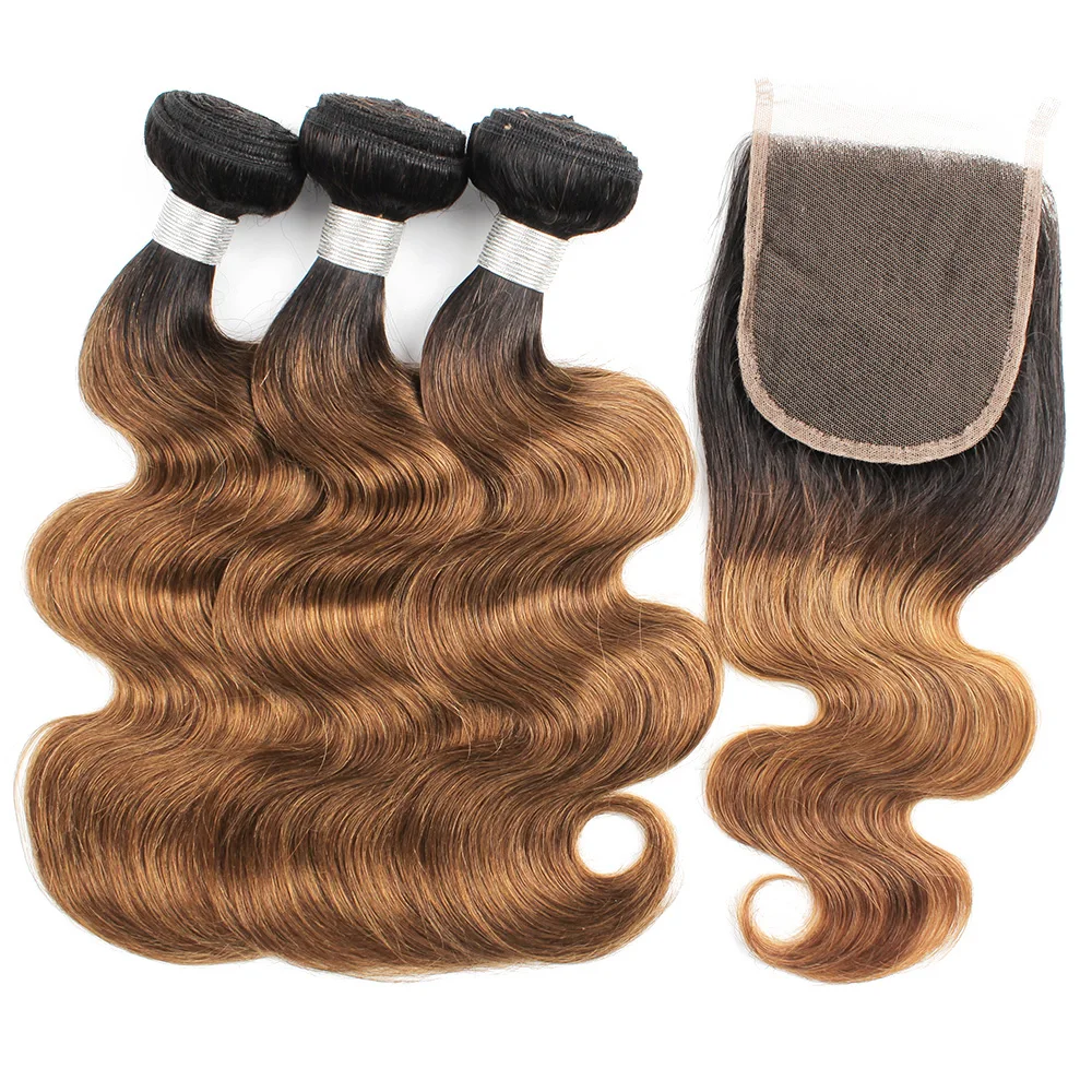 

Gemlong T1B30 Ombre Color 3 Bundles With 4*4 Lace Closure Body Wave Medium Auburn With Dark Roots Remy Brazilian Human Hair