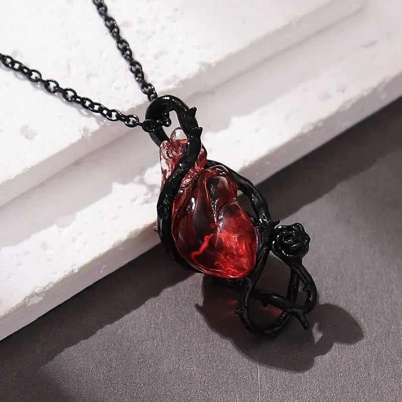 Punk Halloween Gothic Rote Kristall Blume Dornen Anhänger Halskette für Frauen Männer Liebe Herz Skeleton Schädel Halsband Schmuck Geschenk