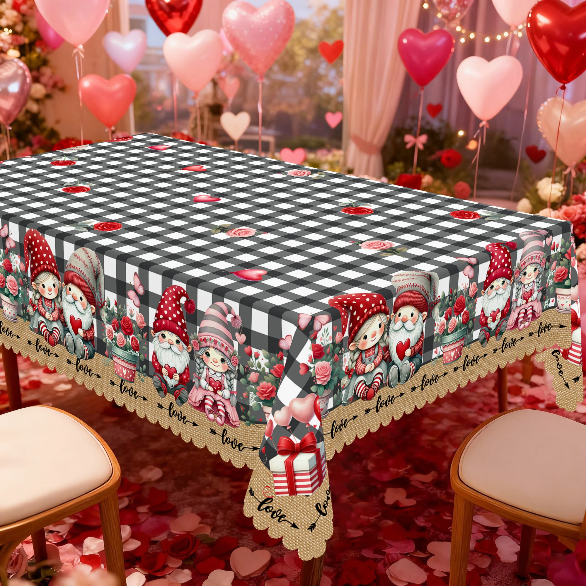 שמיכת שולחן מודפסת בנושא יום האהבה, גמד, בופאלו פלאיד, עיצוב דוגמת לב, מתאימה ליום האהבה, עונת האביב והקיץ, יום האם, יומולדת, קמפינג פיקניק, איסוף חגים, קישוטים למסיבות, אביזרי מטבח, שמיכת שולחן לשימוש בפנים ובחוץ במסעדות, פטיוסים, מתנה מושלמת לחברים, שמיכות עגולות ומלבניות, זמינות במגוון גדלים