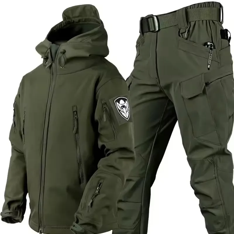 Winter Thicken Men Camo Suit Waterproof Tactical Training Set Multi-pocket Hooded Jacket Fleece Pants Outdoor Hunting 2-piece 6