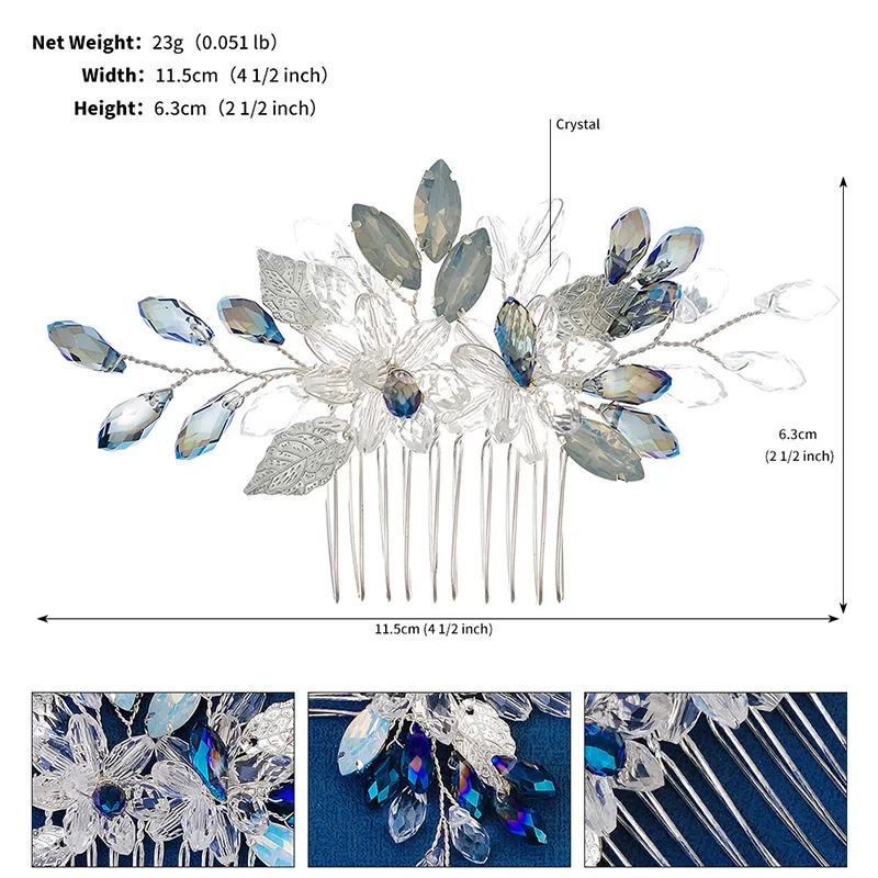 Dreamy Sapphie Blue Color Crystal Handmade Bridal Hair Comb Shiny Alloy Hairpin Clip Fashion Bride Wedding Hair Accessoreis