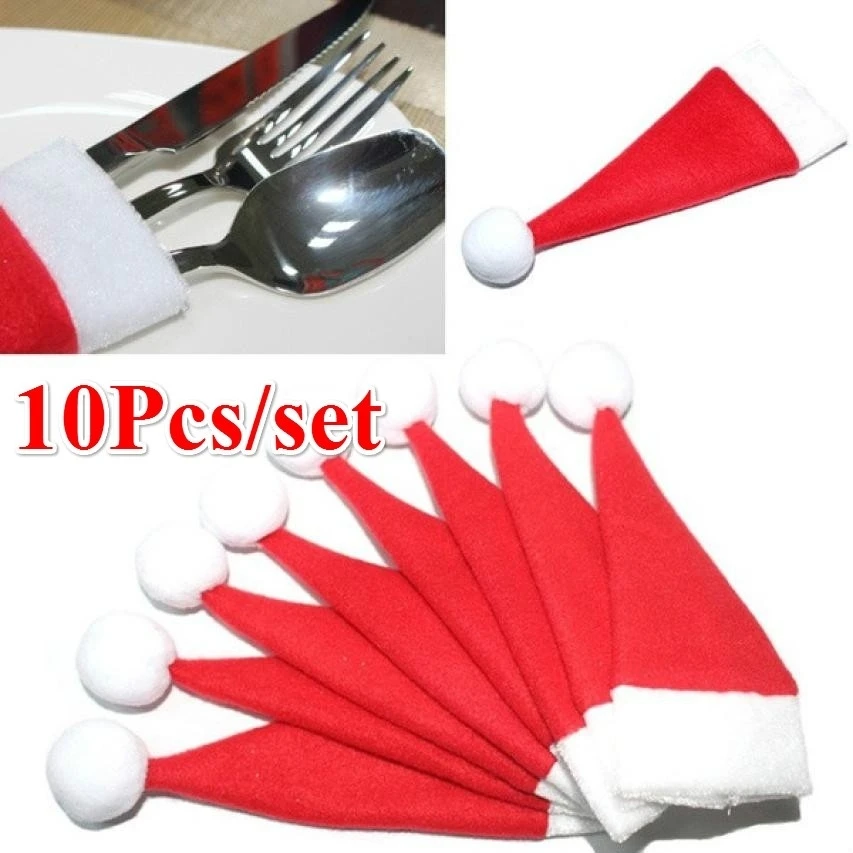 

New 10PCS/Set Christmas Hat Silverware Holder Xmas Mini Red Santa Claus Cutlery Bag Party Decor Tablewear Holder Set