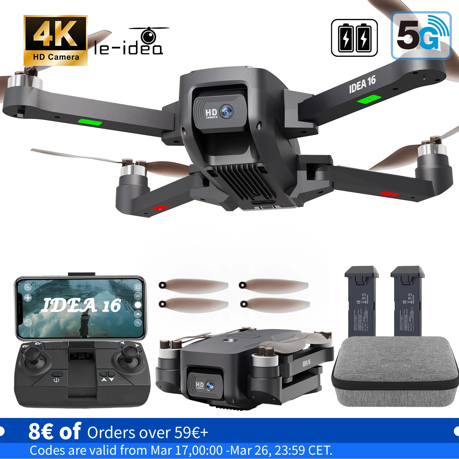 IDEA16 drone with camera 4k With Dual Camera 2 batteries 5G WIFI RC Drone with Brushless Motor Optical Flow for Adult Children 1